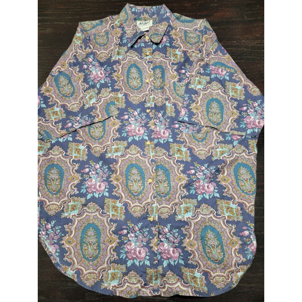 Vintage 90s Floral Print Button Up Shirt L Relaxed Fit Colorful Grunge Mom